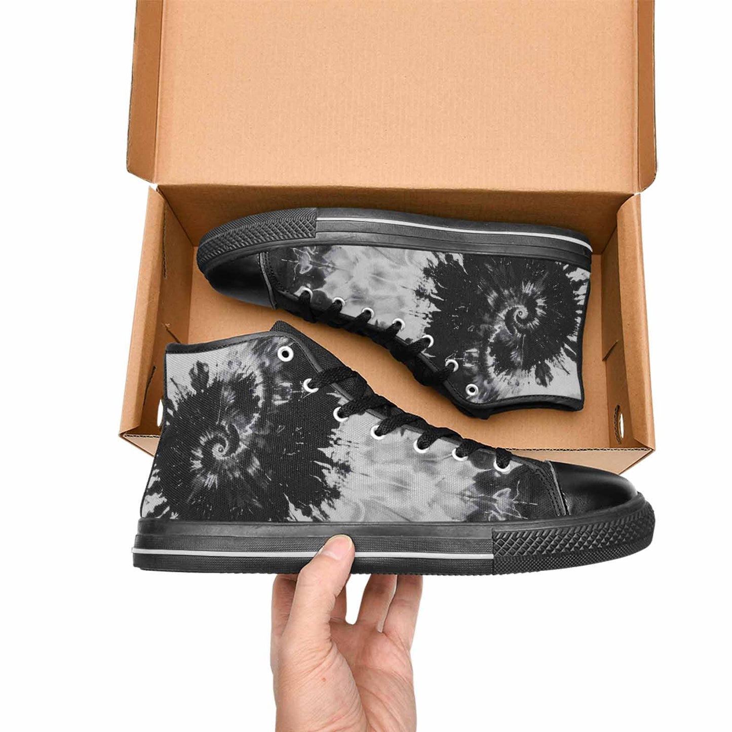 WOMEN'S Tie Dye Acid Wash Black White High Top Canvas Wallpaper Art Custom Sneakers