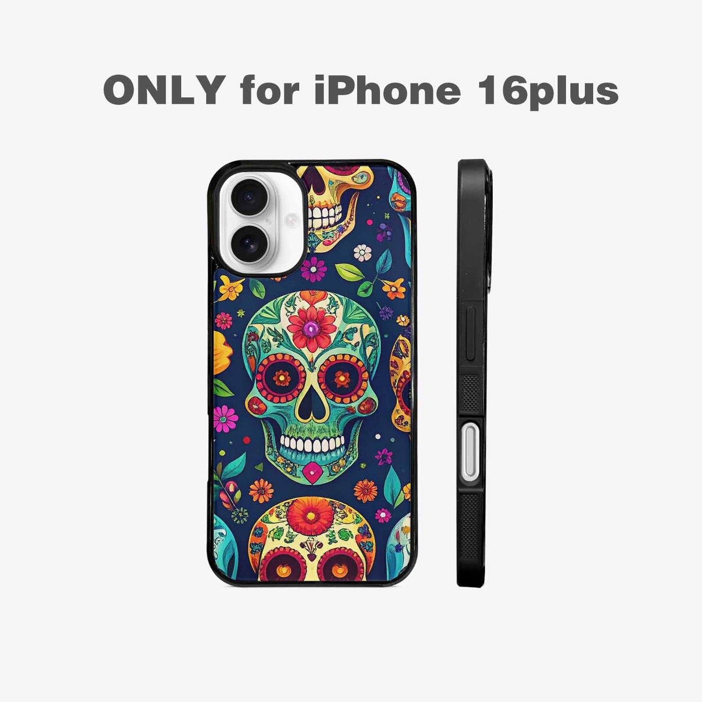 iPhone 16 Plus Case — Rainbow Sugar Skull Weave, Custom Printed Phone Case