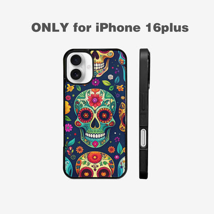 iPhone 16 Plus Case — Rainbow Sugar Skull Weave, Custom Printed Phone Case