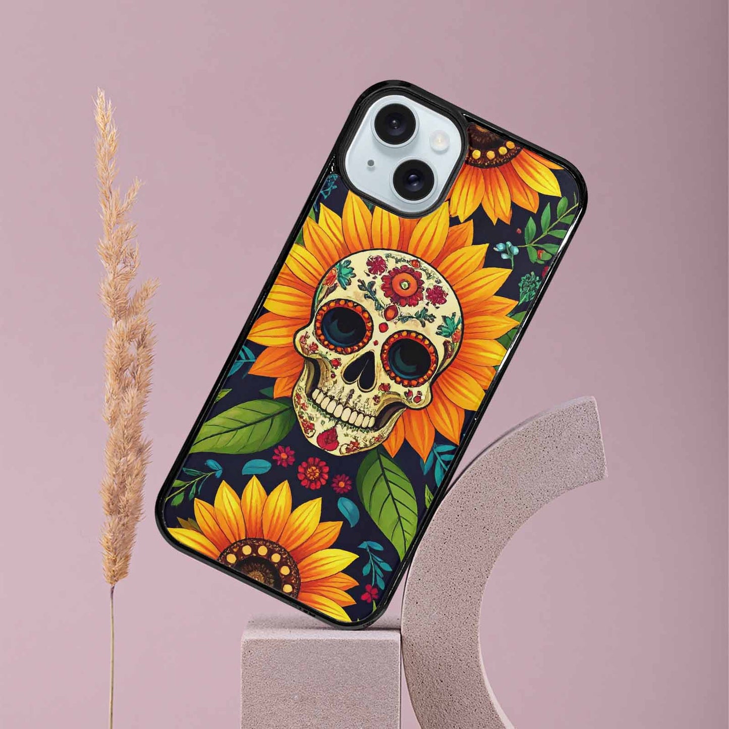 iPhone 15 Plus Case — Sunflowers And Skulls, Custom Made Phone Cover