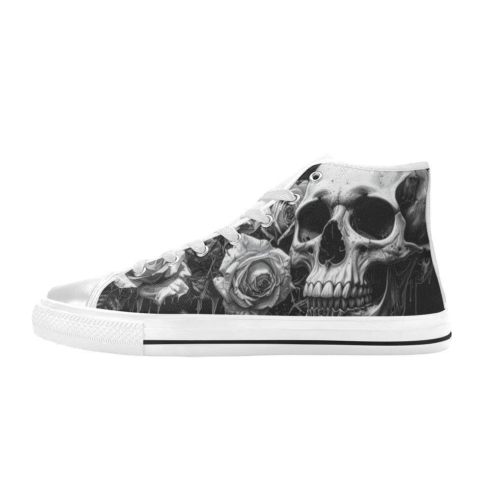 Freaky Shoes custom art sneakers featuring black and white skull art with roses, made to order