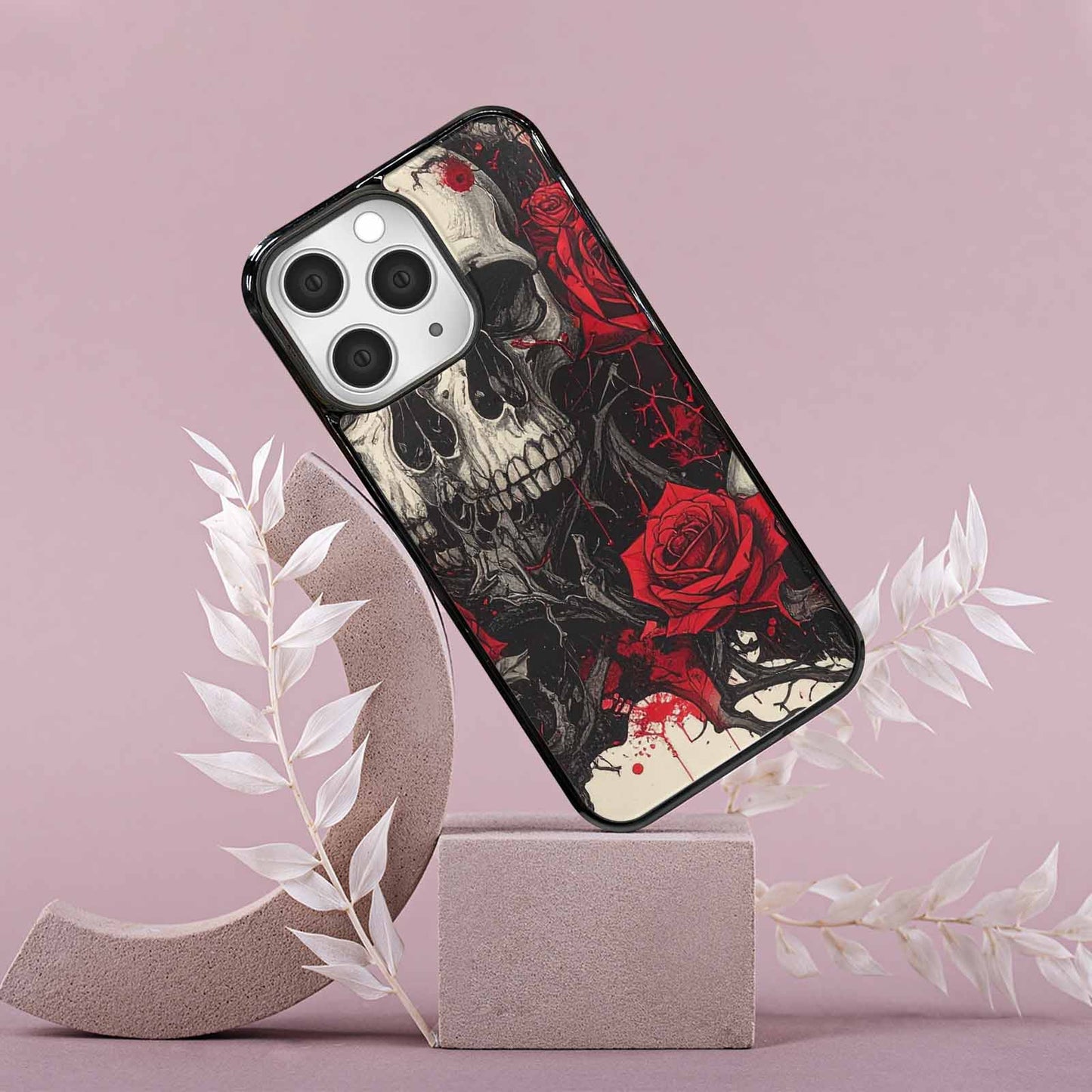 iPhone 15 Pro Max Case — Skull And Roses Black Red Ink, Personalized Phone Case
