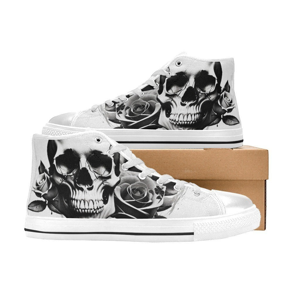 Freaky Shoes custom art sneakers with black and white skull and rose design, made to order