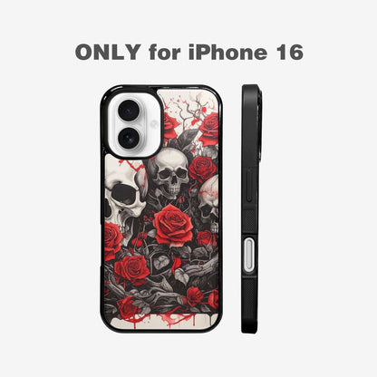 iPhone 16 Case — Skull And Roses Black Red Ink, Customized Protective Case