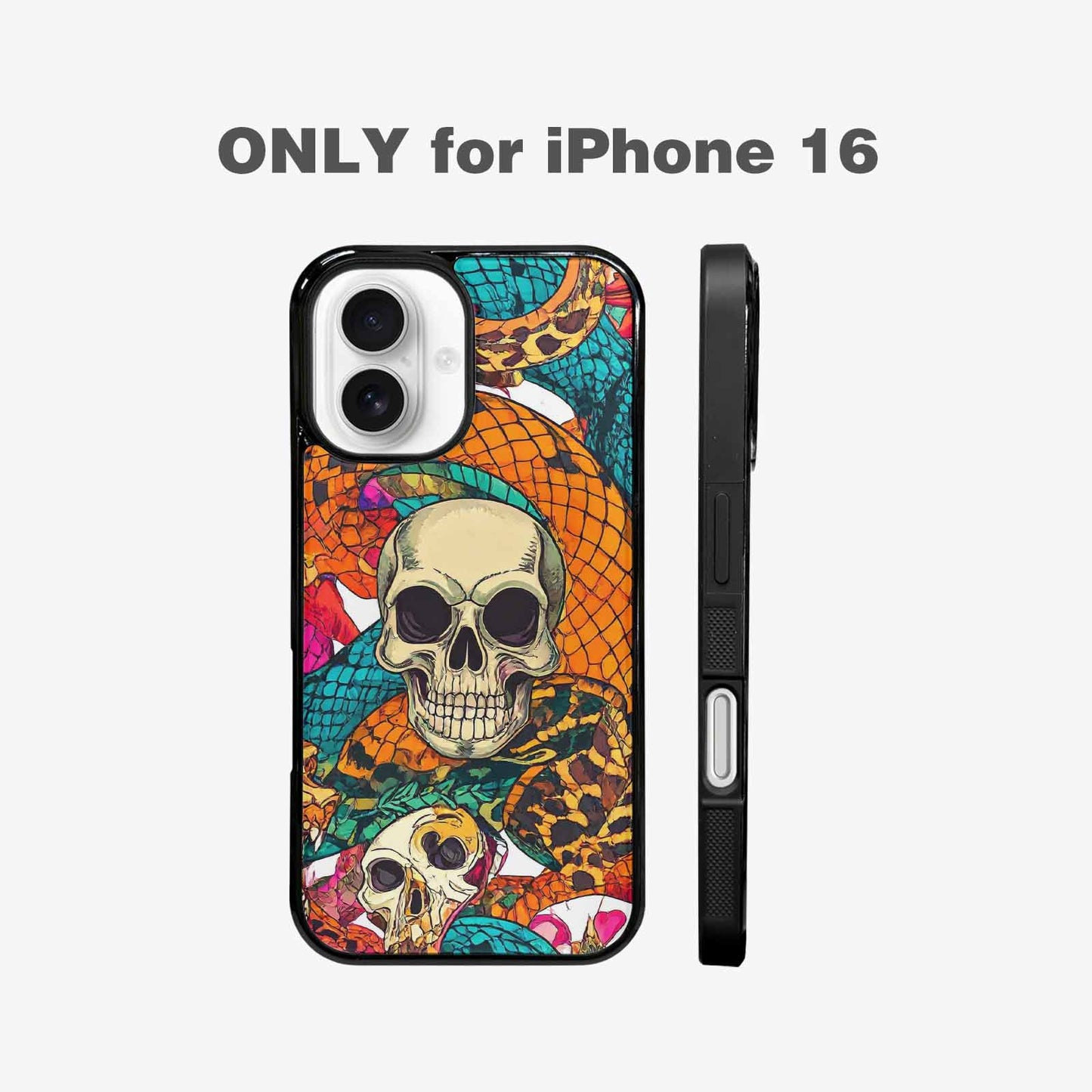 iPhone 16 Case — Snake Print Skull, Custom Art Phone Cover