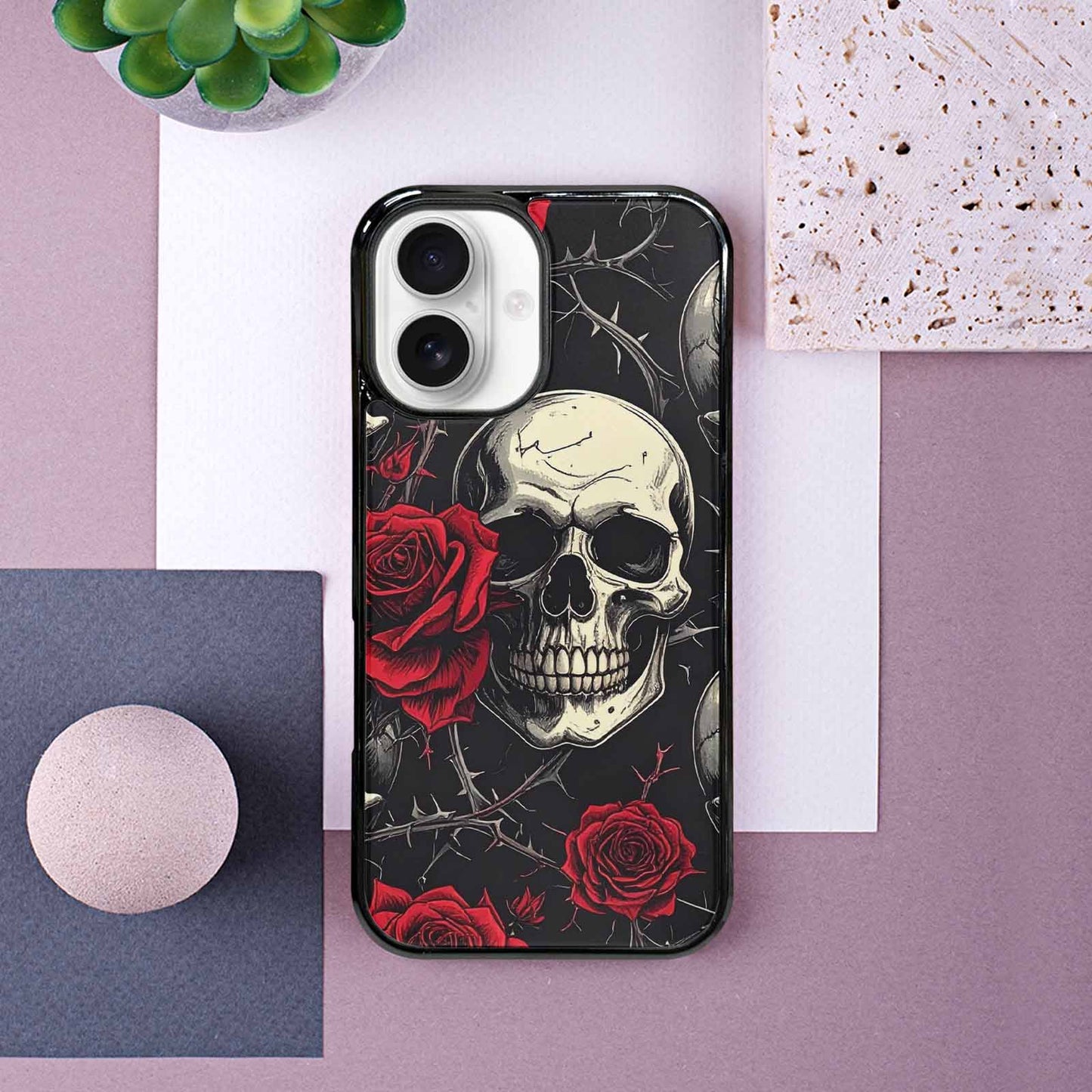 iPhone 16 Case — Ornate Gothic Skulls Roses, Custom Printed Phone Case