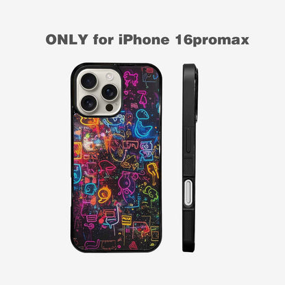 iPhone 16 Pro Max Case — Neon Glow Outline Icon Pattern Hundreds, Custom Phone Case