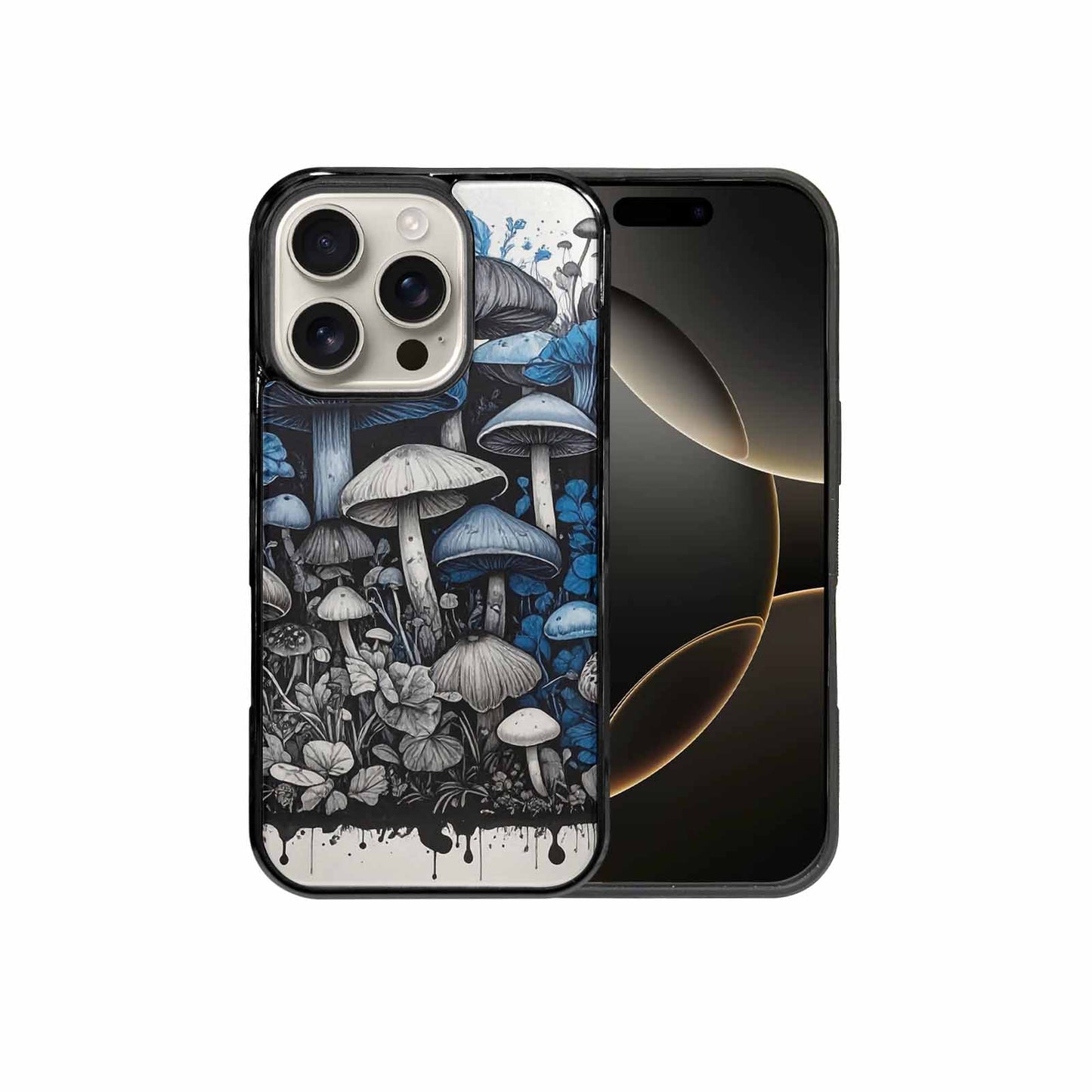 iPhone 16 Pro Case — Mushrooms General Black Blue Ink Mushrooms, Custom Made Phone Cover