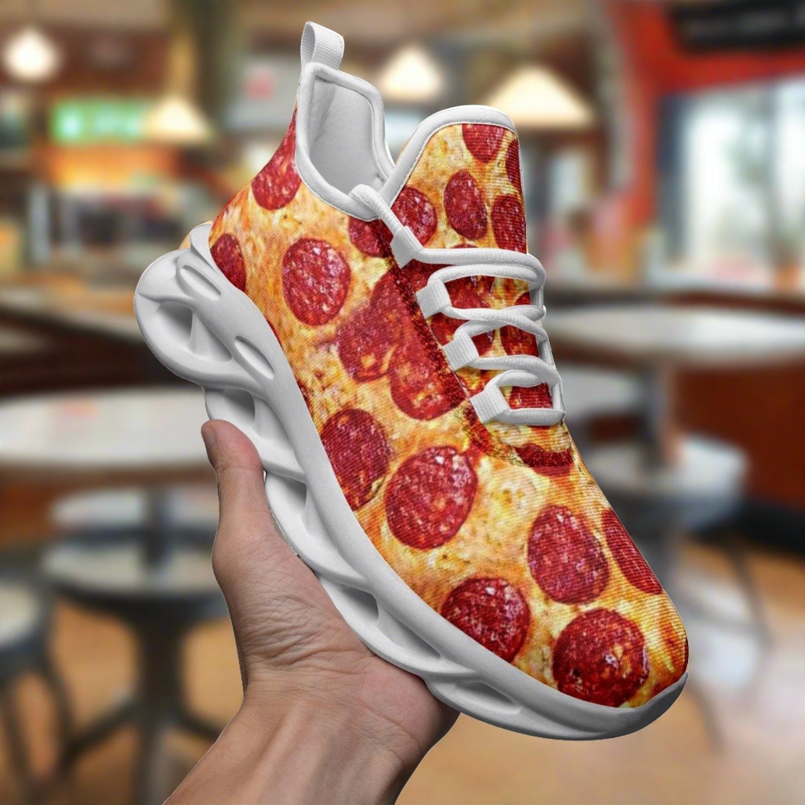 Pepperoni Pizza custom high-top canvas shoes — wearable art by Freaky Shoes