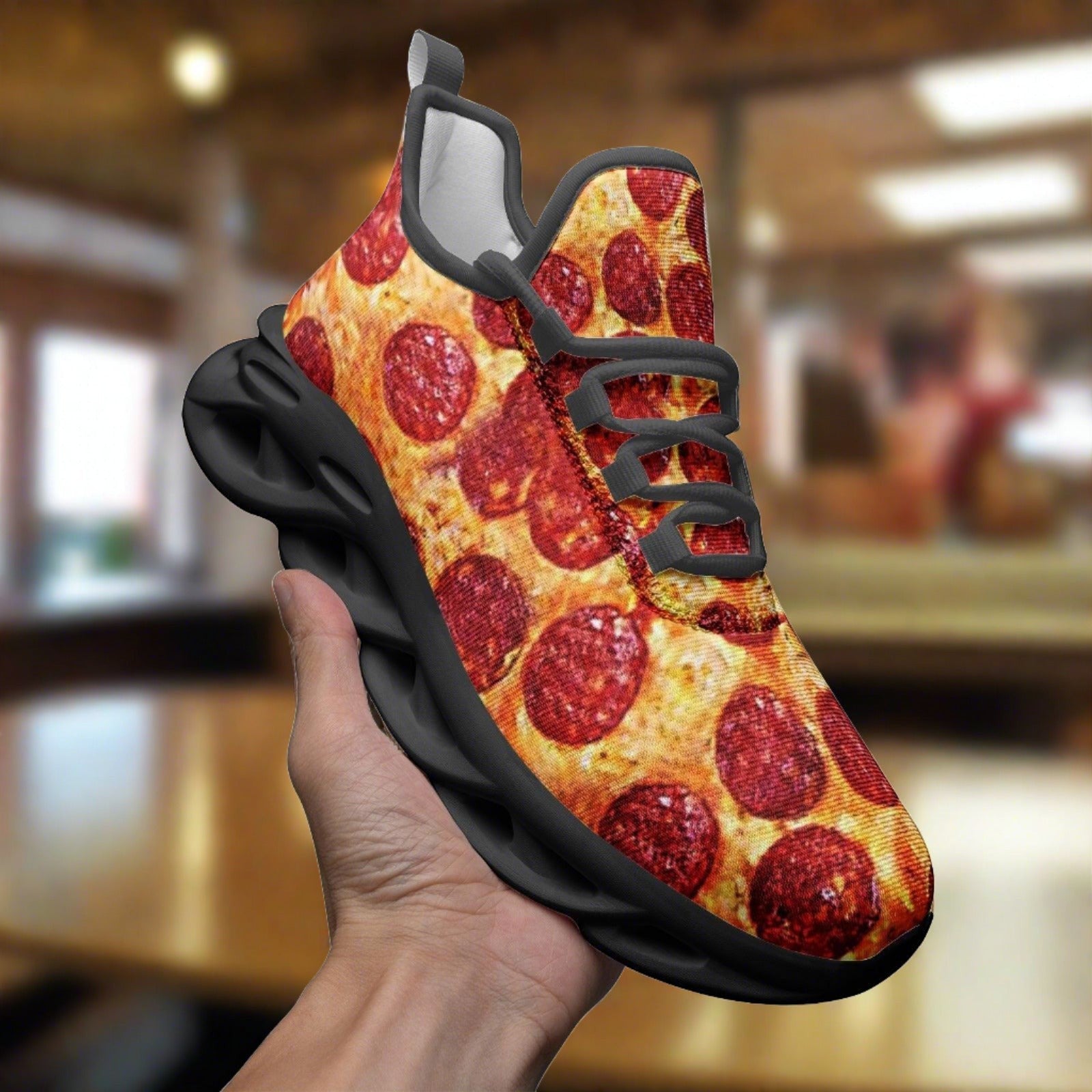 Pepperoni Pizza hand-made high-top canvas shoes — unique wearable art by Freaky Shoes