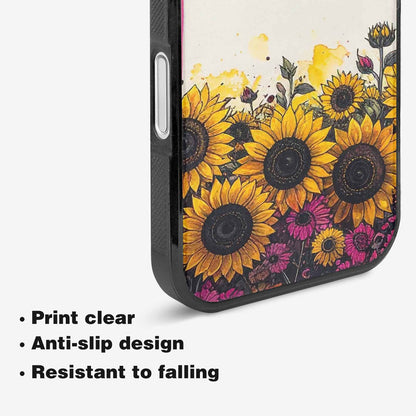 iPhone 16 Case — Sunflower Burst Black Pink Ink Sunflowers, Customized Protective Case