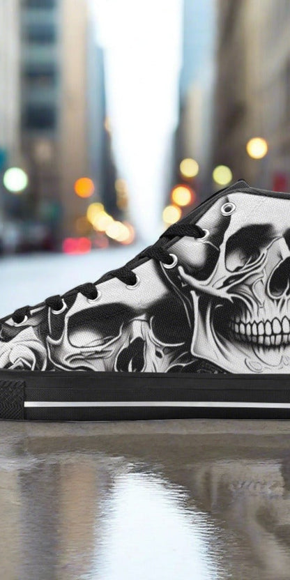 Men's Cartoon Skulls & Roses high-top canvas shoes — one-of-a-kind custom printed art, Freaky Shoes