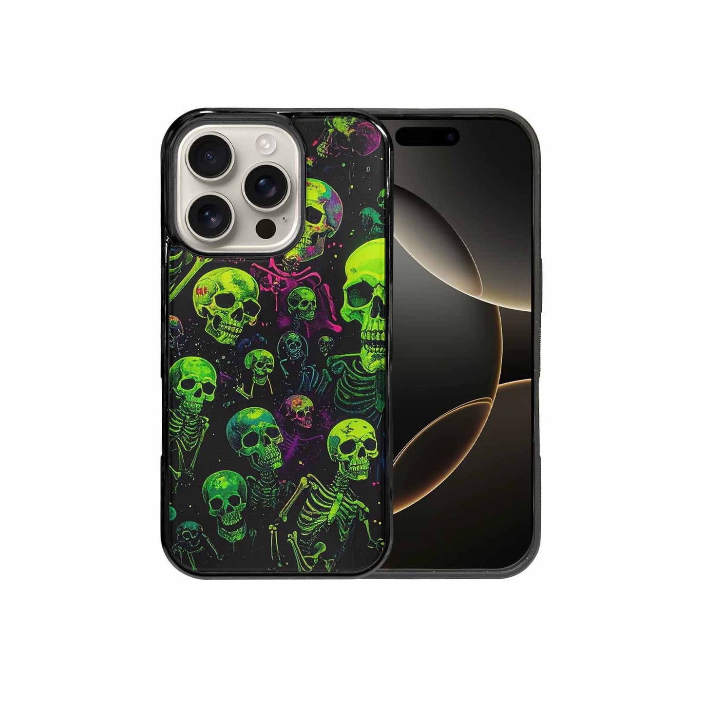 iPhone 16 Pro Case — Skeletons Neon Green Glow Skeletons Pattern, Custom Printed Phone Case
