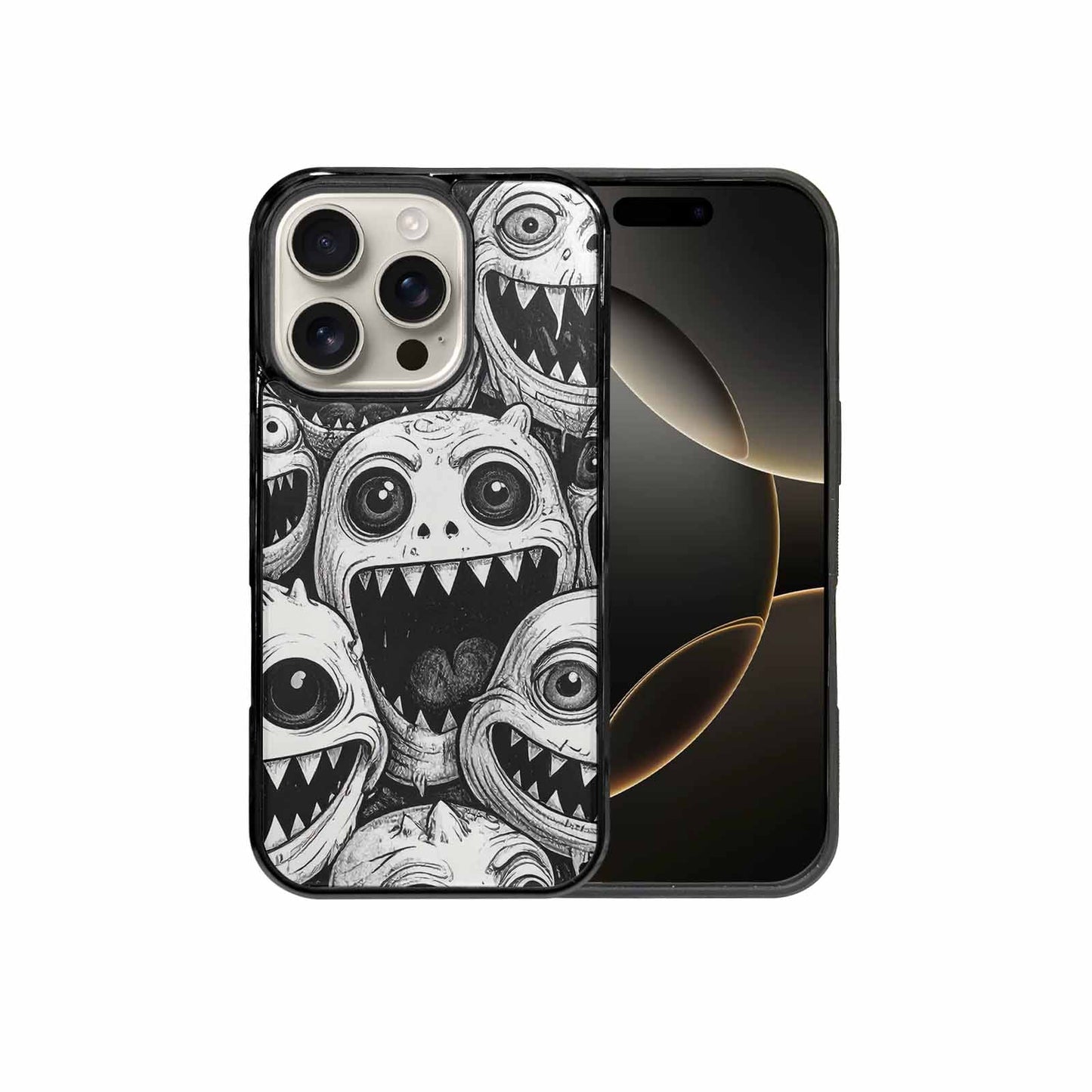 iPhone 16 Pro Case — Black And White Monster Face Collage, Custom Designed Case Cover