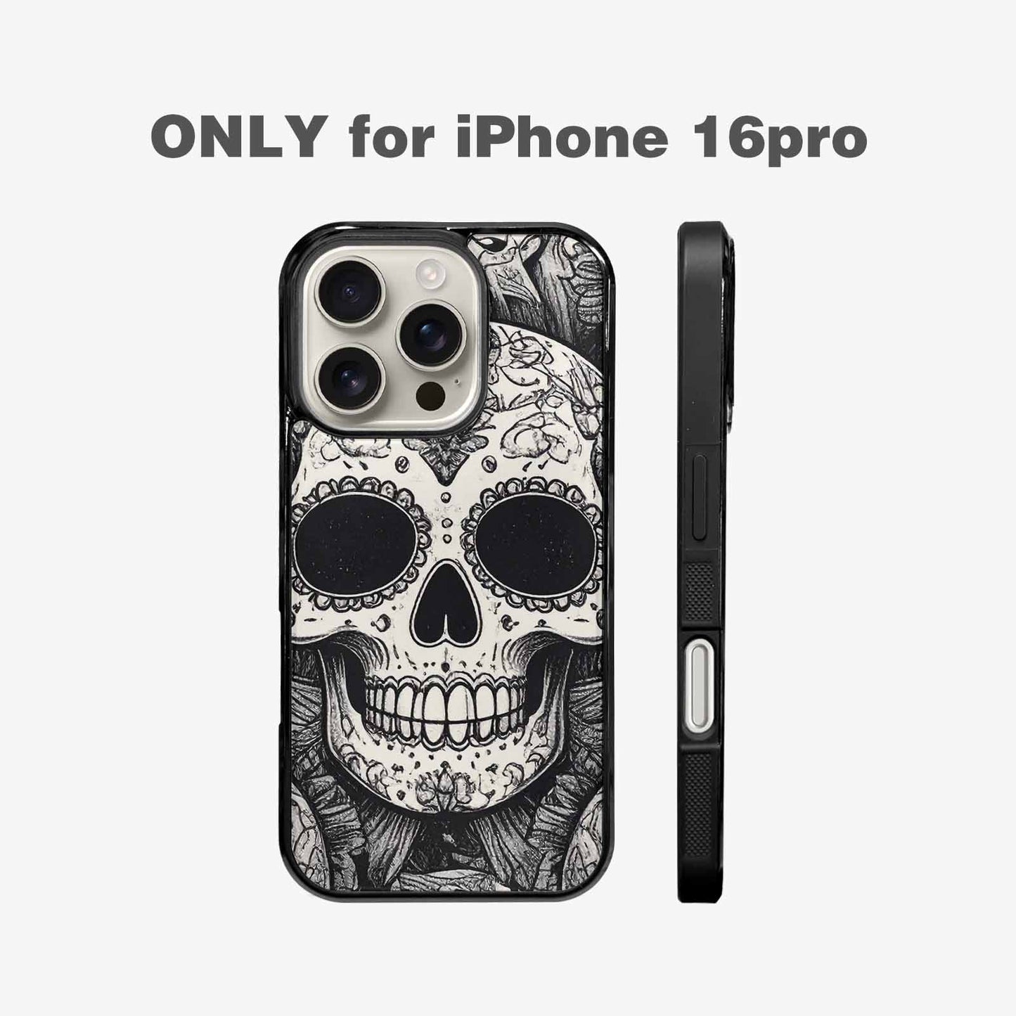 iPhone 16 Pro Case — Intricately Detailed Sugar Skulls In Black, Unique Phone Case Design