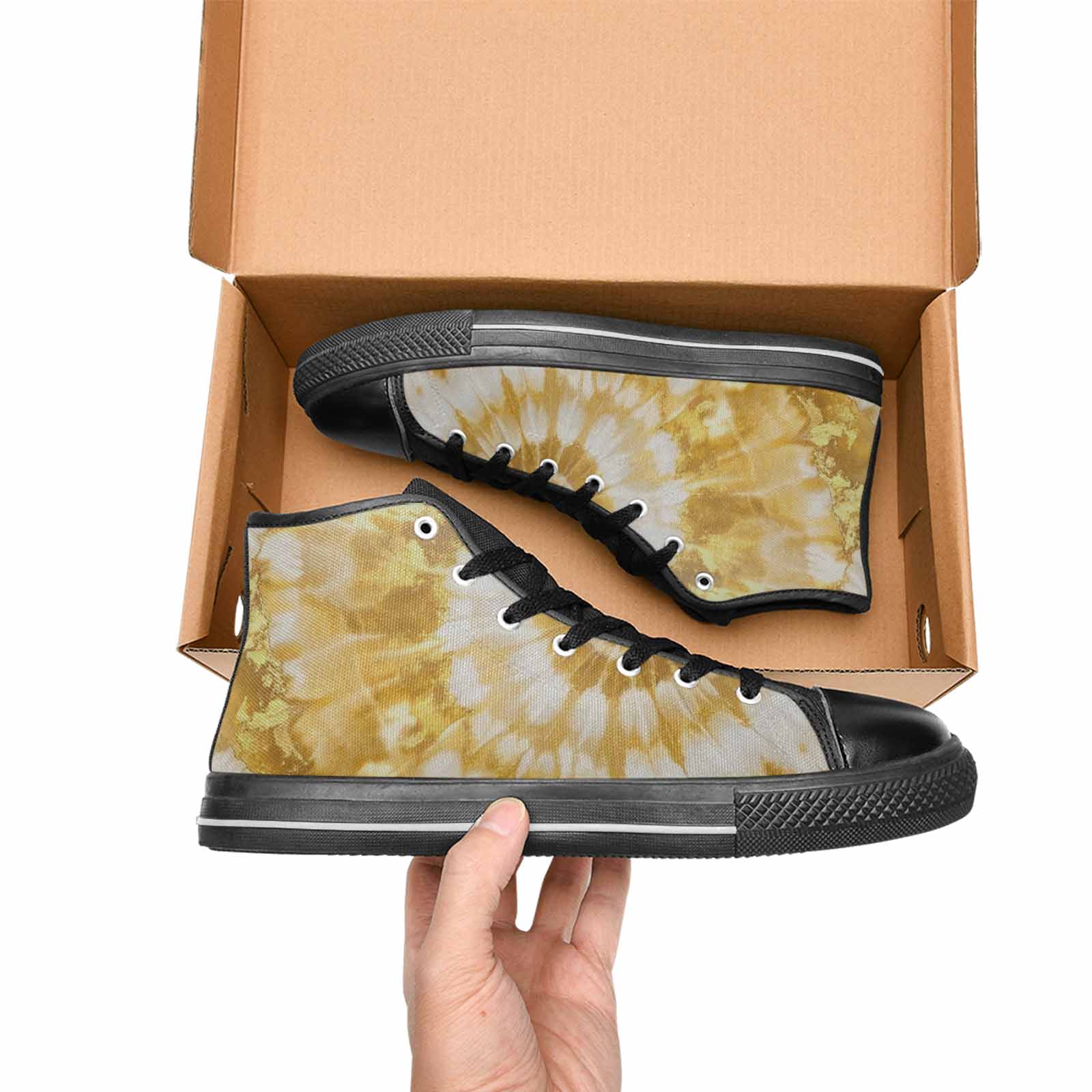 WOMEN'S Tie Dye Metallic Gold White High Top Canvas Dark Academia Custom Shoes