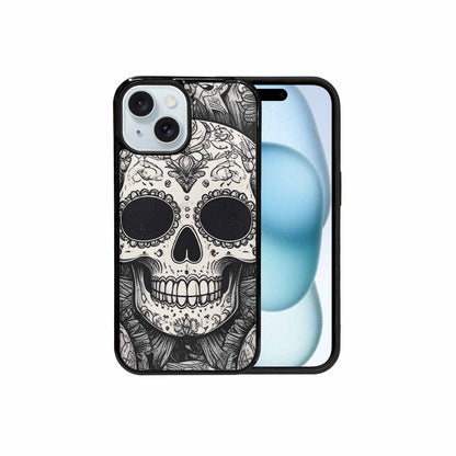 iPhone 15 Case — Intricately Detailed Sugar Skulls In Black, Custom Print Case Cover