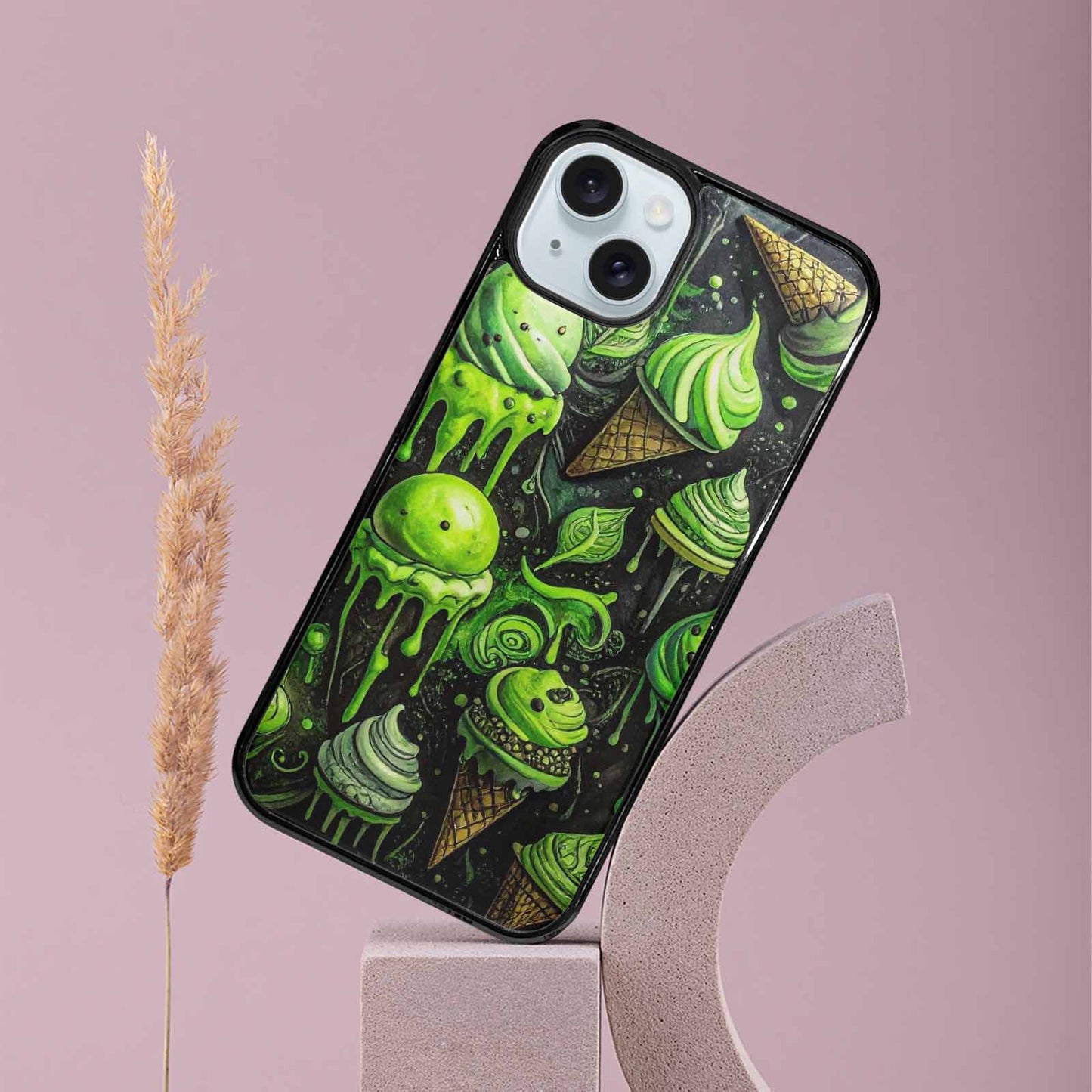 iPhone 15 Plus Case — Ice Cream Motif Black Green Ink, Original Design Phone Case