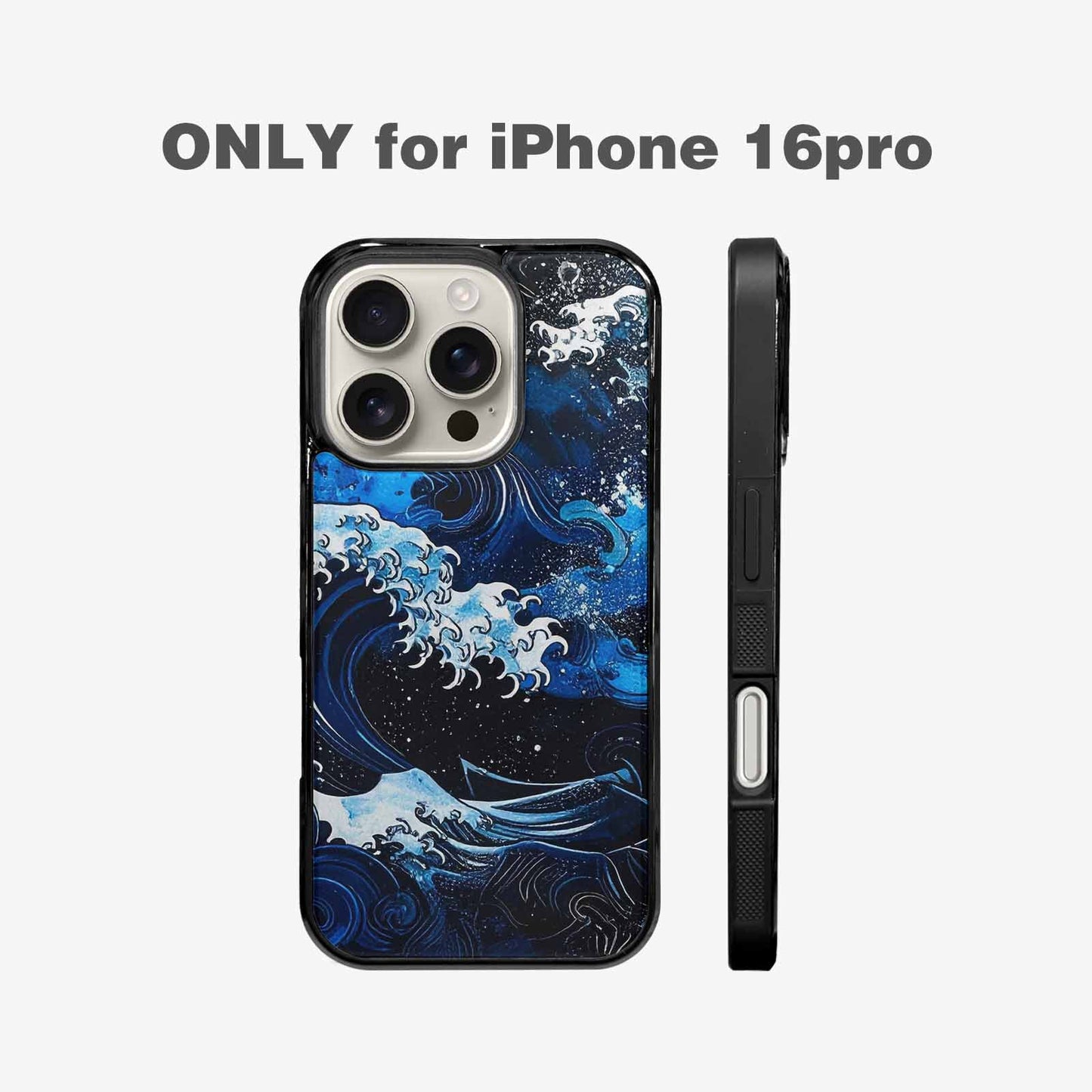 iPhone 16 Pro Case — Nautical Wave Black Blue Ink Wave, Custom Designed Case Cover