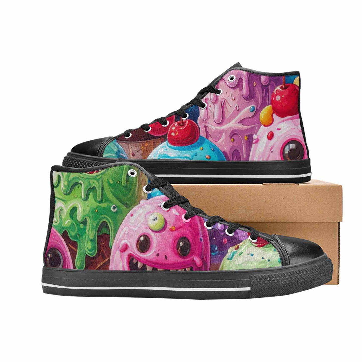 WOMEN'S Melting Icecream Monster Cherry High Top Canvas Vibrant Chaos Custom Shoes