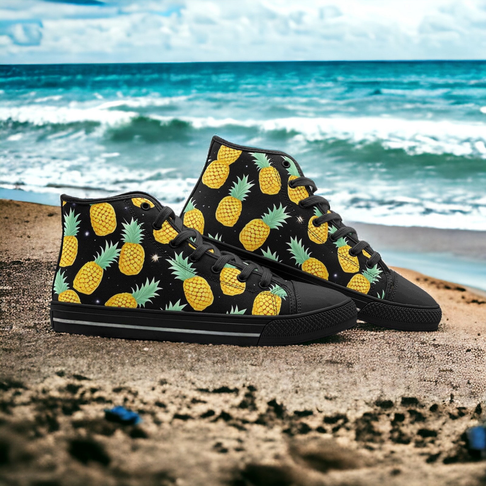 Pineapples Please custom high-top canvas shoes — wearable art by Freaky Shoes