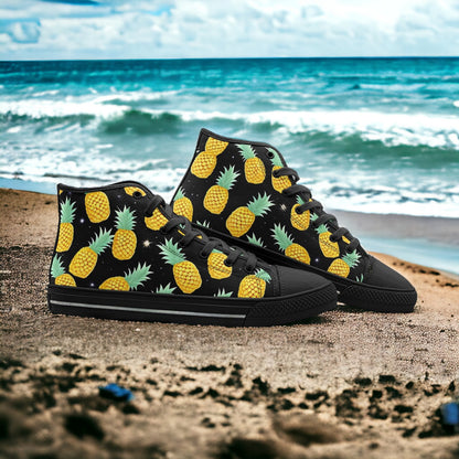 Pineapples Please custom high-top canvas shoes — wearable art by Freaky Shoes