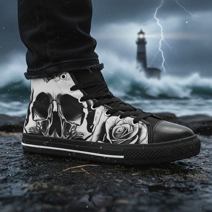 Women's Grey Skull & Roses Black & White high-top canvas shoes — one-of-a-kind custom printed art, Freaky Shoes