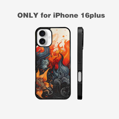 iPhone 16 Plus Case — Flame Burst Black Red Ink Flame, Custom Art Phone Cover