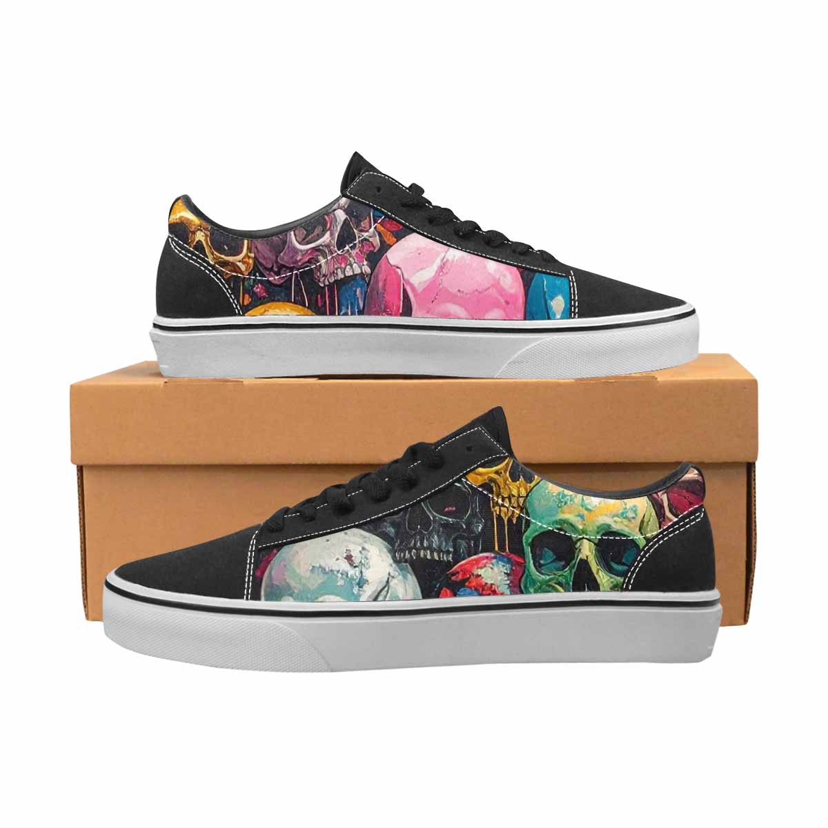 WOMEN'S Skulls  Marble Skulls Lace-Up Canvas Kaleidoscope Custom Sneakers