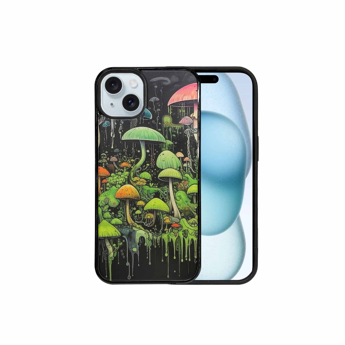 iPhone 15 Plus Case — Rainbow Drip Mushrooms Black Green Ink, Customized Protective Case