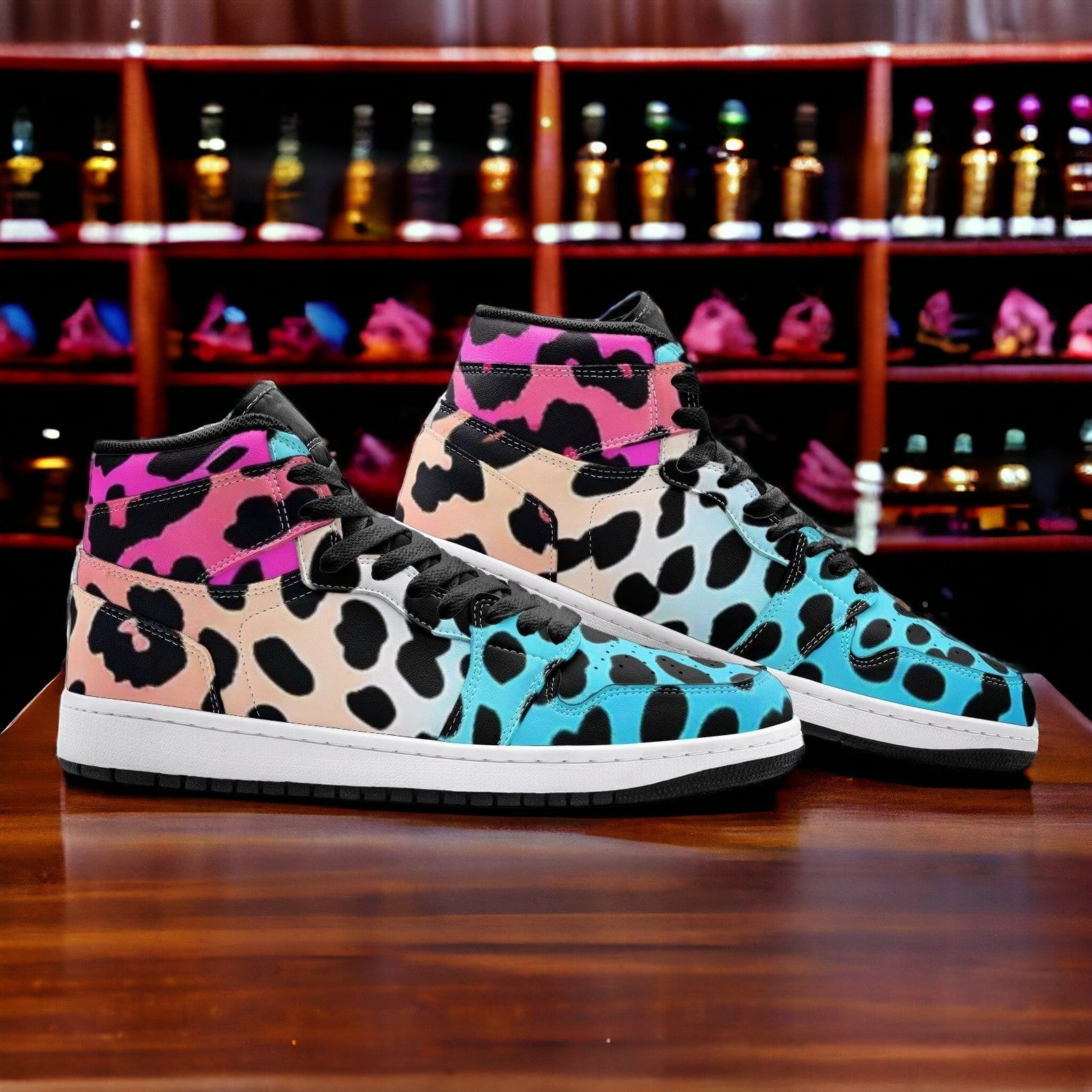 Custom Gradient Leopard Print high-top canvas shoes with bold all-over art — Freaky Shoes