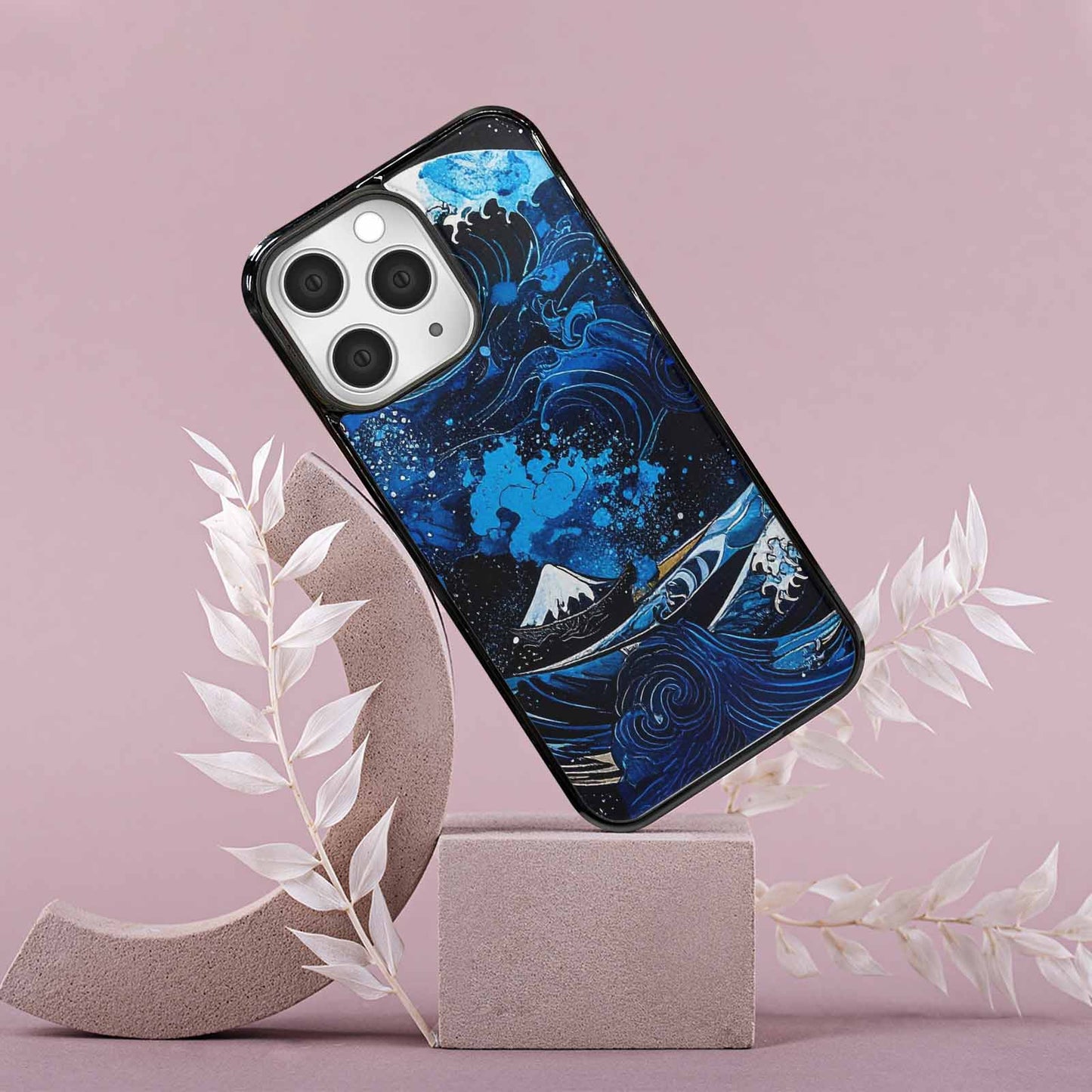 iPhone 15 Pro Max Case — Nautical Wave Black Blue Ink Wave, Custom Made Phone Cover
