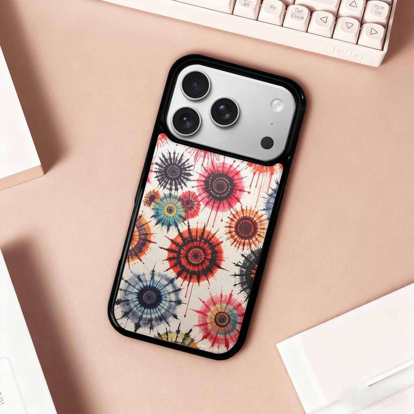 iPhone 17 Pro Case — Tie Dye Swirls Black Red Tie, Personalized Phone Case
