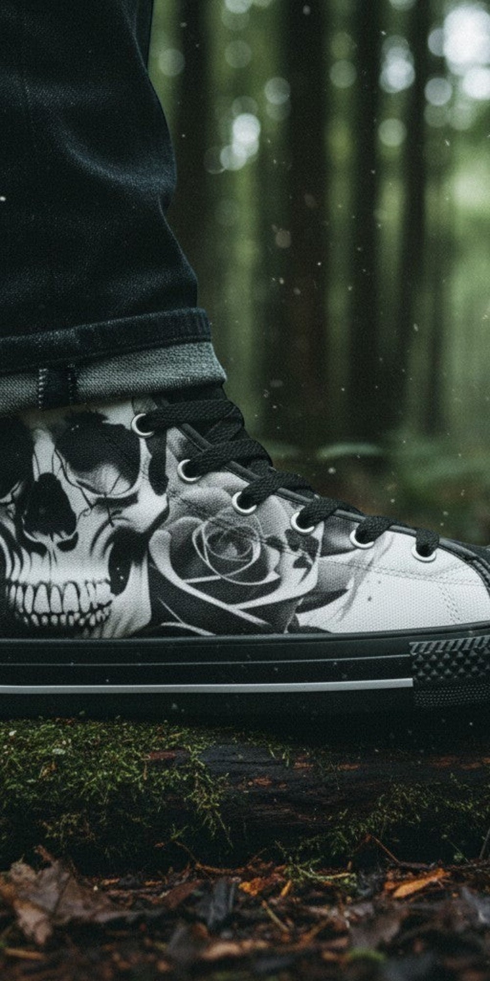 Custom Men's Cartoon Skulls & Roses Black & White high-top canvas shoes with bold all-over art — Freaky Shoes