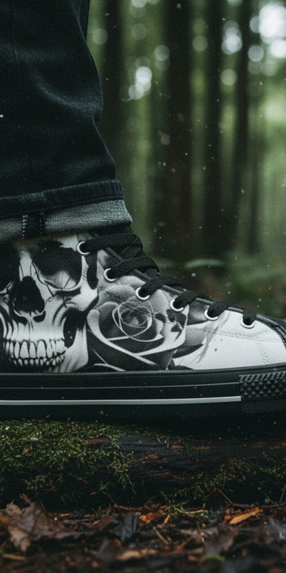 Custom Men's Cartoon Skulls & Roses Black & White high-top canvas shoes with bold all-over art — Freaky Shoes