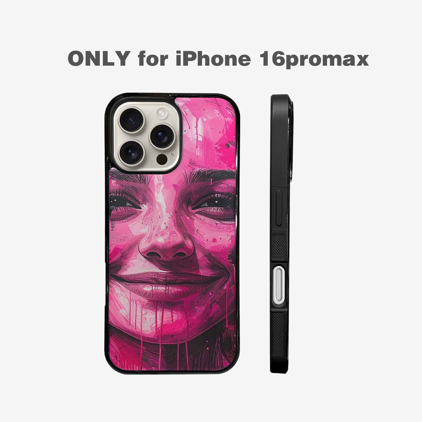 iPhone 16 Pro Max Case — Melting Moon Smiley Black Pink Ink, Custom Designed Case Cover