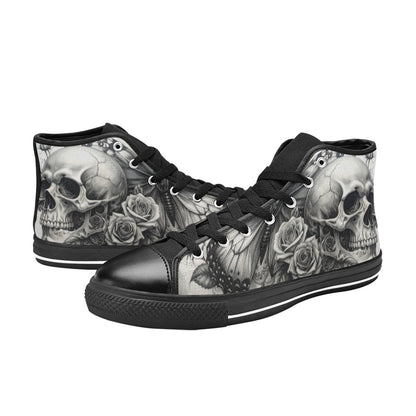 Skull Rose Dark Greyscale Women's Gothic High Top Canvas Shoes | Freaky Shoes®