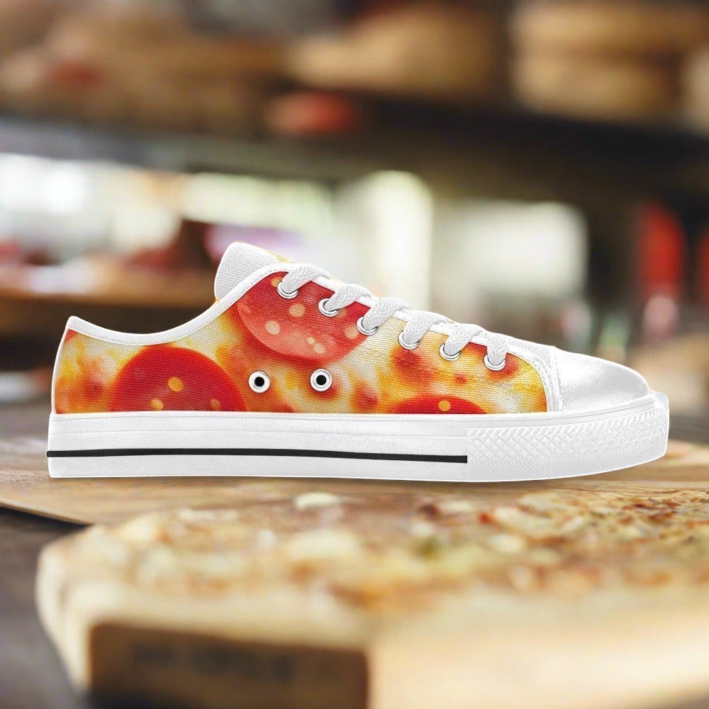 Custom Women's Pepperoni Pizza Cheese Closeup high-top canvas shoes with bold all-over art — Freaky Shoes