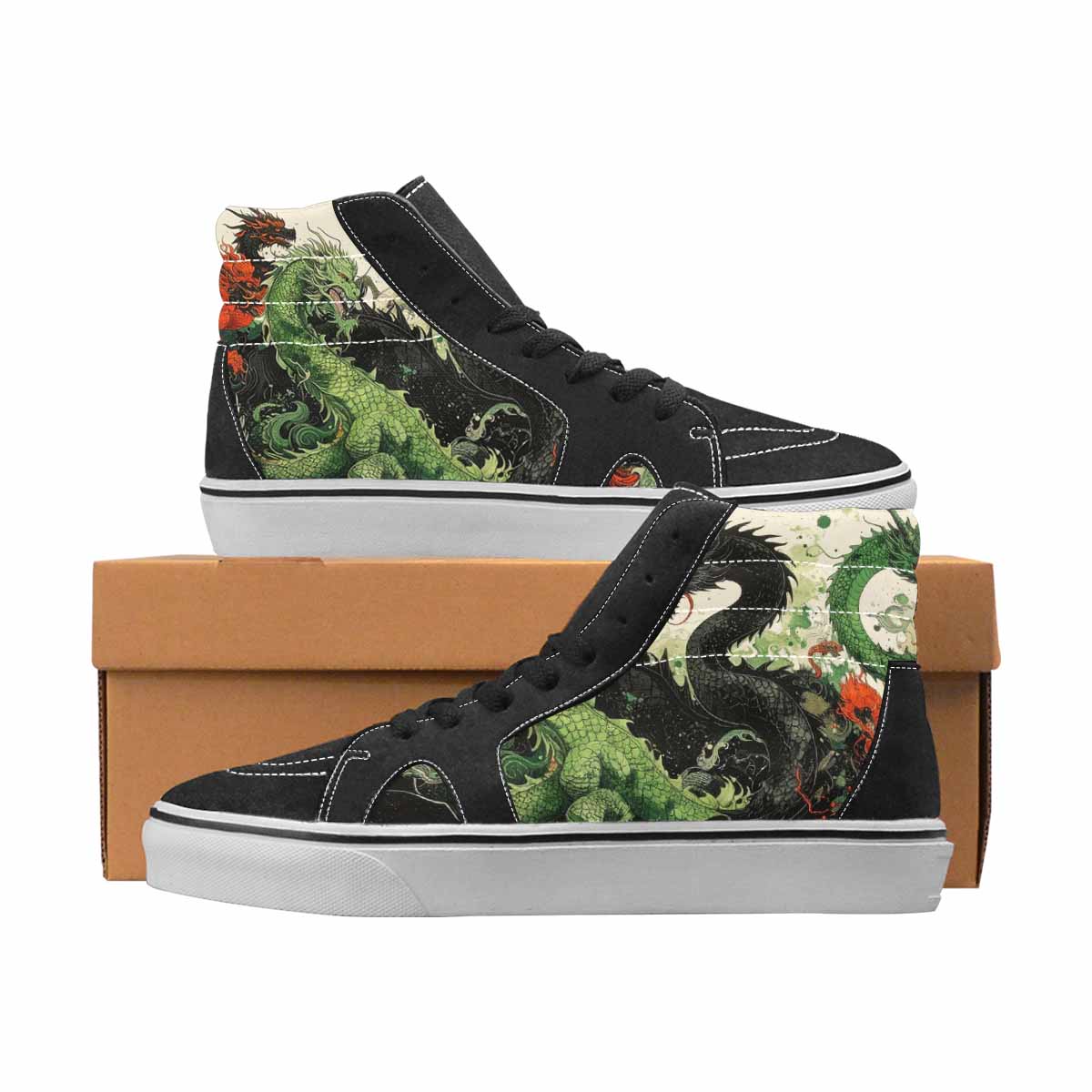 WOMEN'S Dragons Black & Green Ink High Top Canvas Original Design Aesthetic Custom Canvas Shoes