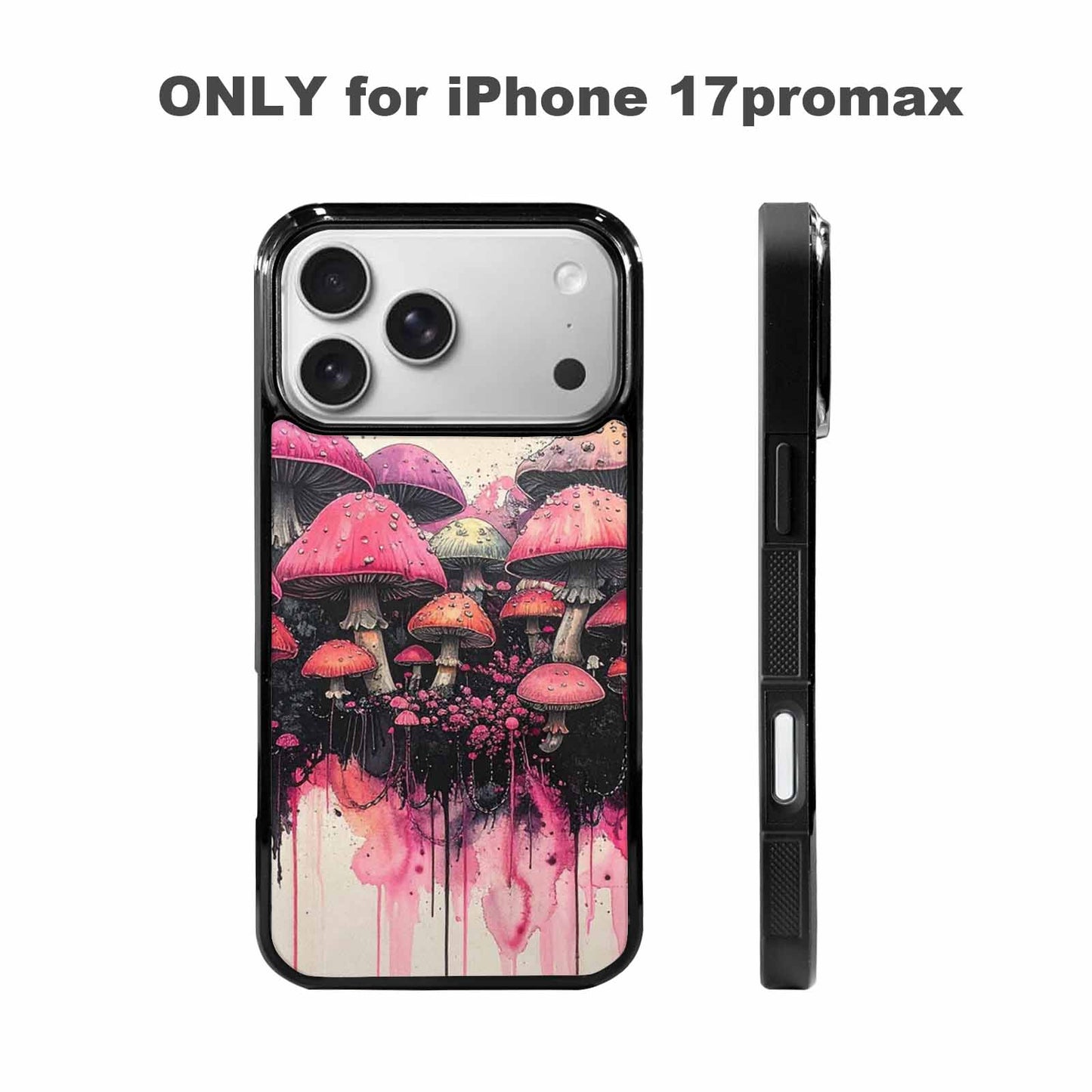 iPhone 17 Pro Max Case — Rainbow Drip Mushrooms Black Original Art, Custom Printed Phone Case