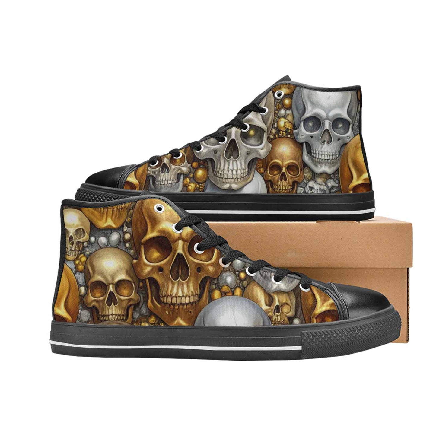 WOMEN'S Skulls - Metallic-Chrome- High Top Canvas Grunge Custom Sneakers