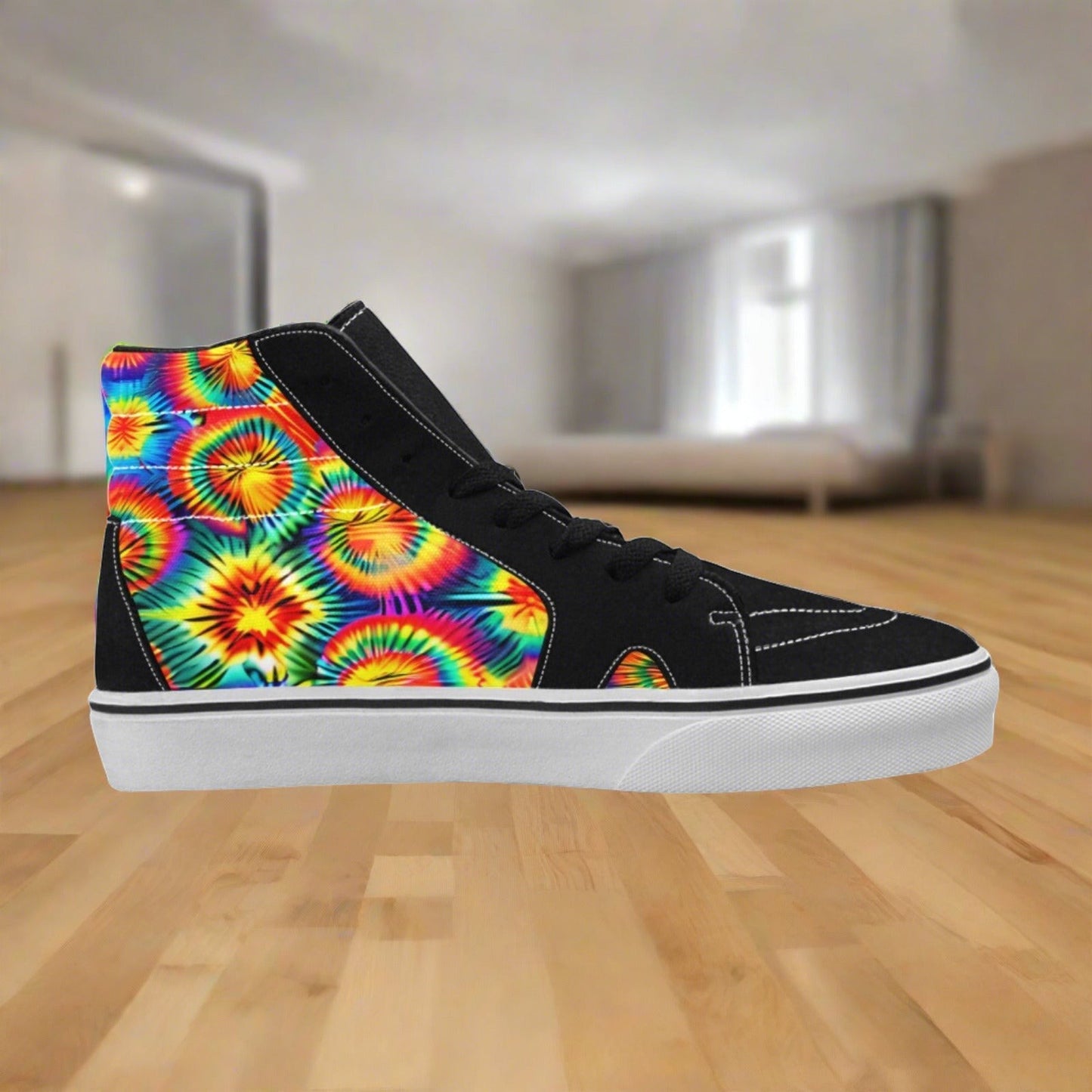 Men's Rainbow Tie Dye custom high-top canvas shoes — wearable art by Freaky Shoes