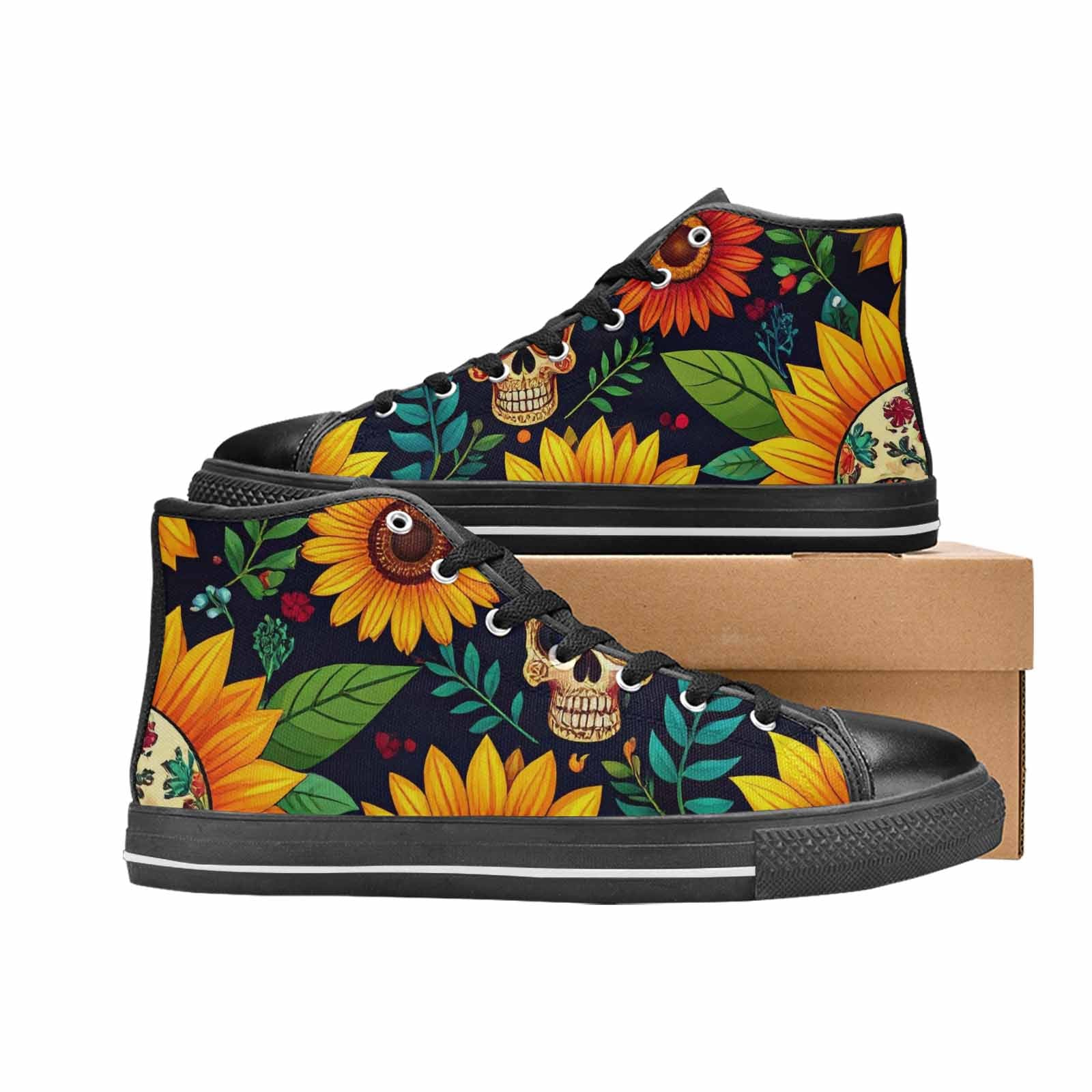 MEN'S Sunflowers And Skulls High Top Canvas Surreal Shoes