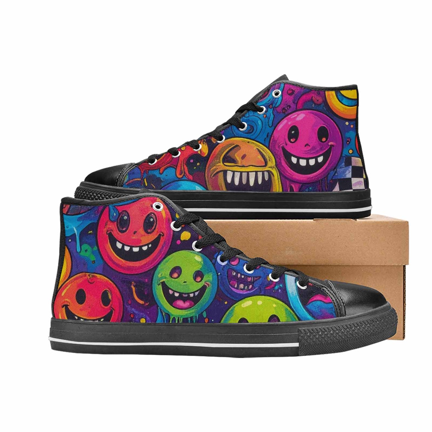MEN'S Yellow Smiley Face High Top Canvas Surreal Custom Sneakers