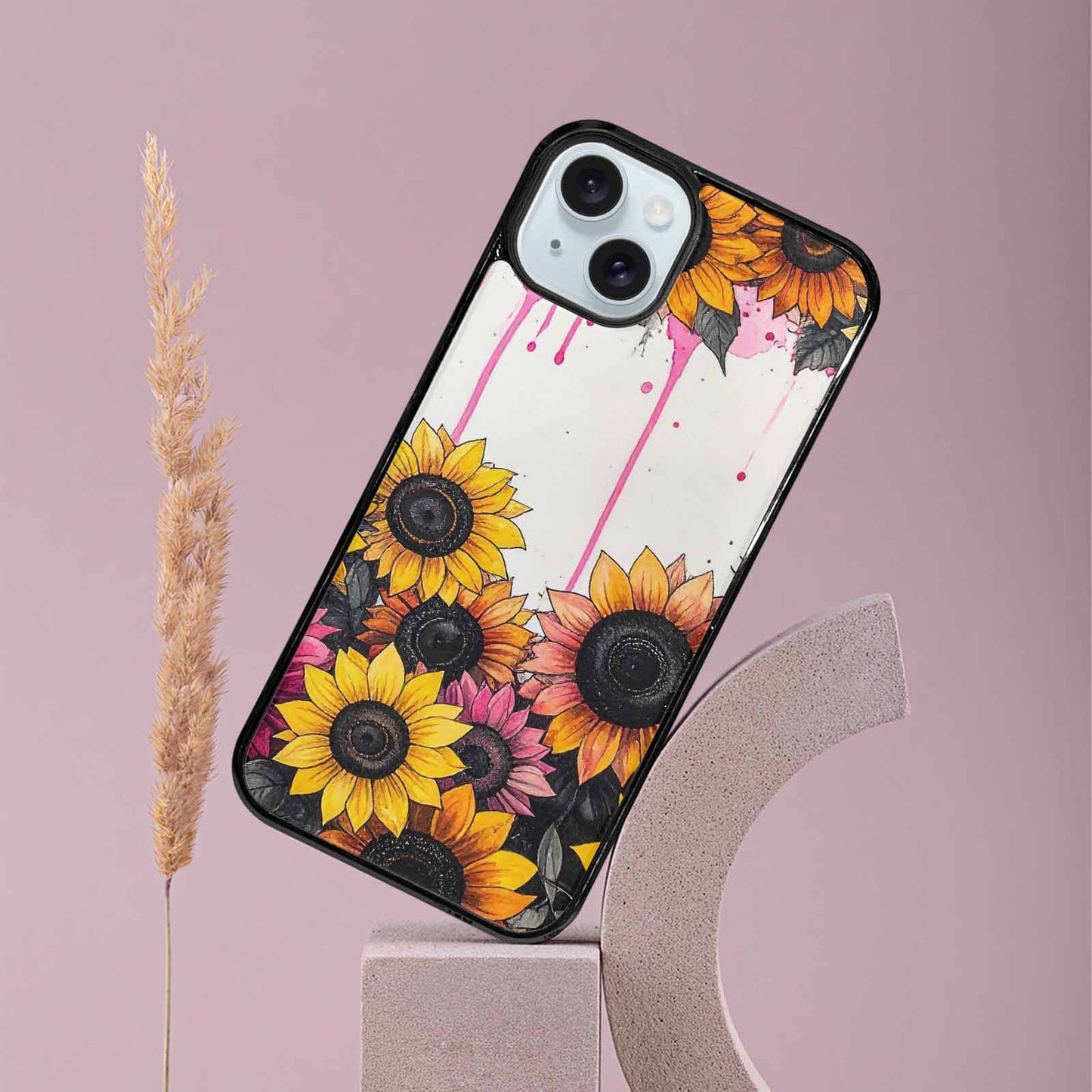 iPhone 15 Plus Case — Sunflower Burst Black Pink Ink Sunflowers, Custom Phone Case