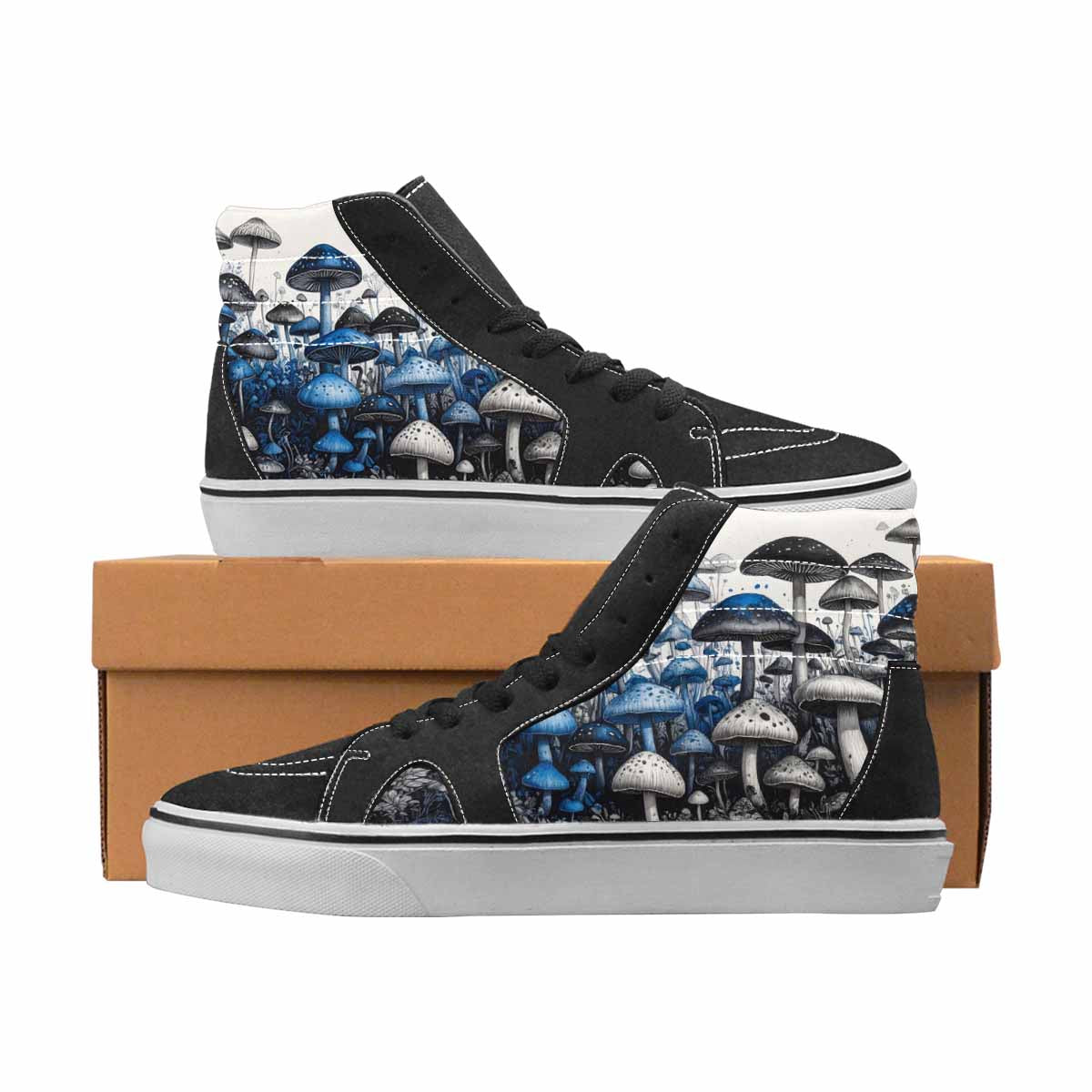 WOMEN'S Mushrooms Black & Blue Ink High Top Canvas Unique Print Vivid Handmade Custom Shoes