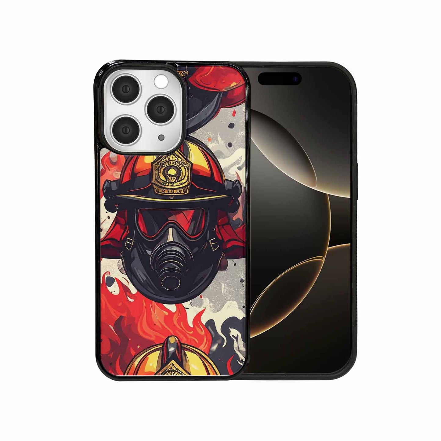 iPhone 15 Pro Max Case — Firefighter Pattern Flames Axes Helmets Seamless, Custom Art Phone Cover