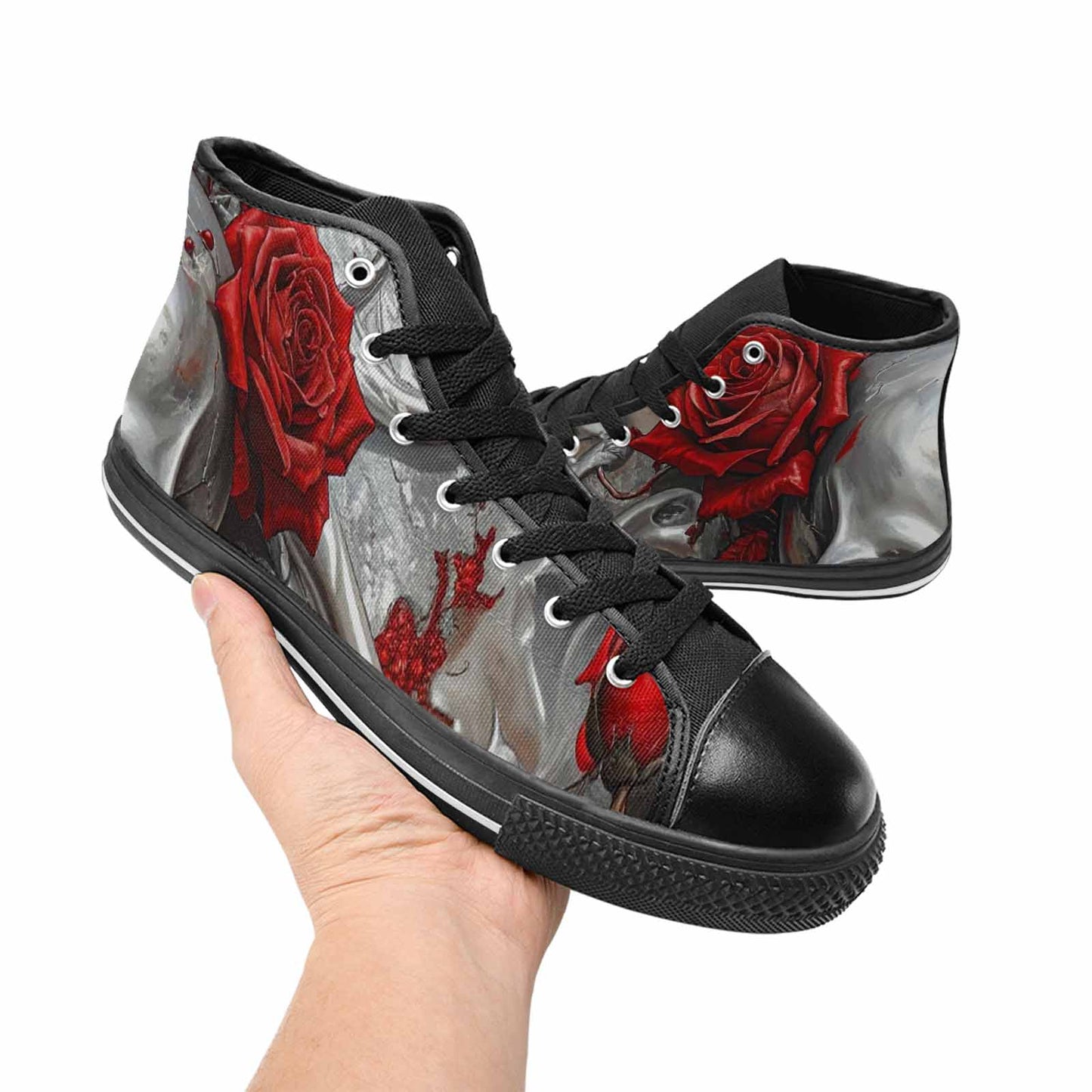 WOMEN'S Skulls Roses Chrome Airbrush High Top Canvas Wallpaper Art Custom Sneakers