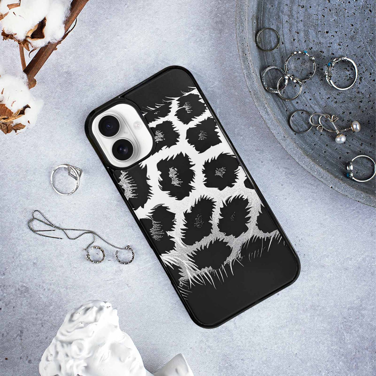 iPhone 16 Plus Case — Leopard Print Black And White Style, Custom Designed Case Cover