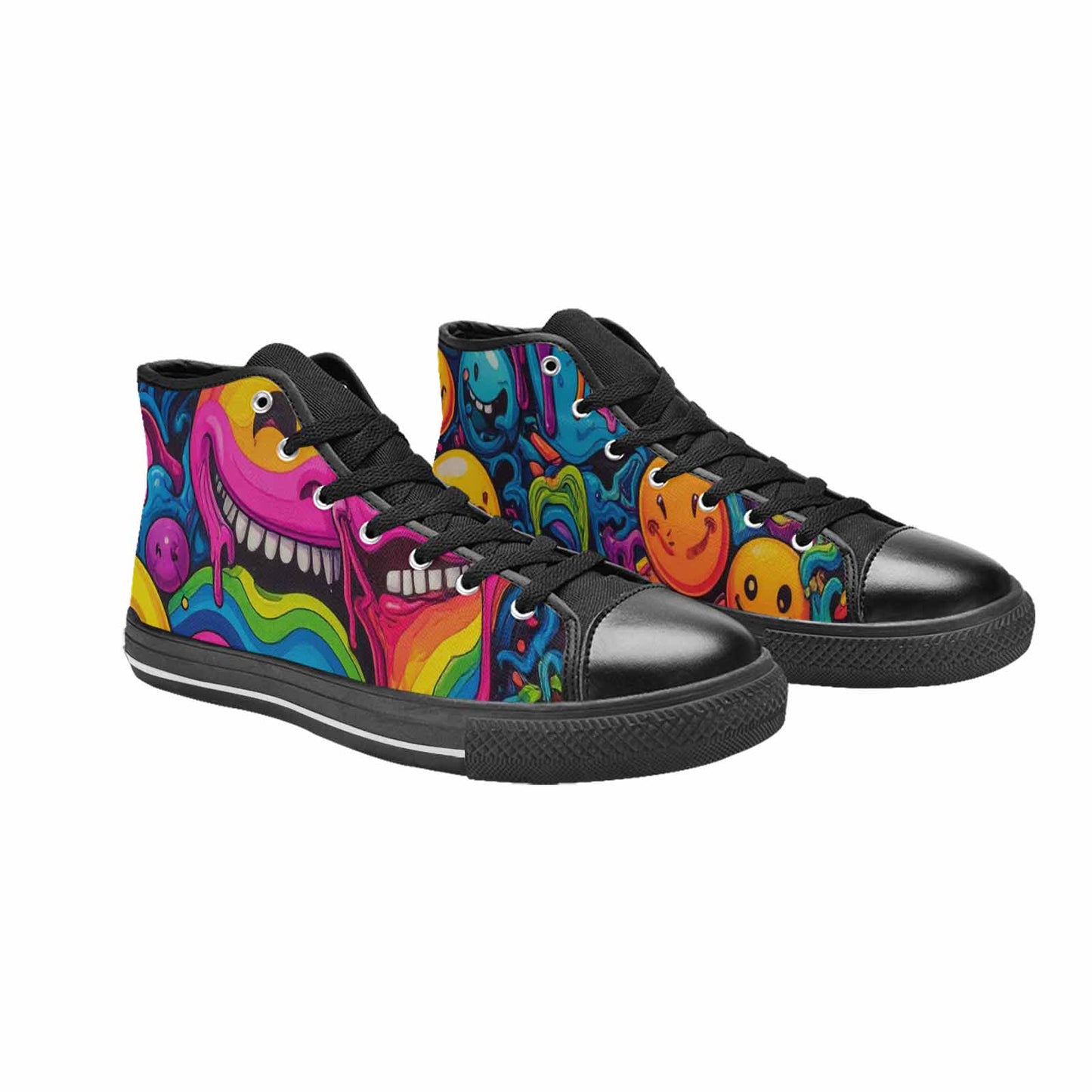 MEN'S Yellow Smiley Face High Top Canvas Grunge Custom Sneakers